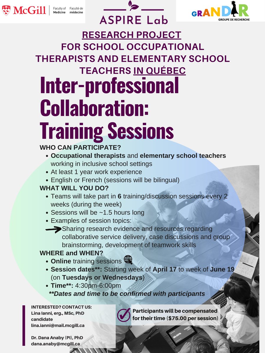 Lina (@linian2020) on Twitter photo Interested in collaborative practices to support elementary students with special needs? We are looking for Quebec school-based occupational therapists and teachers to participate in our knowledge transfer study done with <a href="/ASPIRE_Lab/">ASPIRE Lab</a> and GRANDIR research groups: Interested in collaborative practices to support elementary students with special needs? We are looking for Quebec school-based occupational therapists and teachers to participate in our knowledge transfer study done with <a href="/ASPIRE_Lab/">ASPIRE Lab</a> and GRANDIR research groups: