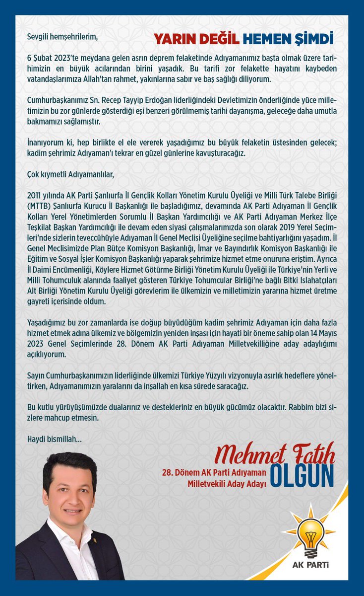 m_fatiholgun's tweet photo. Yaşadığımız bu zor zamanlarda ise doğup büyüdüğüm kadim şehrimiz Adıyaman için daha fazla hizmet etmek adına ülkemiz ve bölgemizin yeniden inşası için hayati bir öneme sahip olan 14 Mayıs 2023 Genel Seçimlerinde 28. Dönem AK Parti Adıyaman Milletvekilliğine aday adaylığımı açıklıyorum.

Bu kutlu yürüyüşümüzde dualarınız ve destekleriniz en büyük gücümüz olacaktır. Rabbim bizi sizlere mahcup etmesin.

#YarınDeğilHemenŞimdi