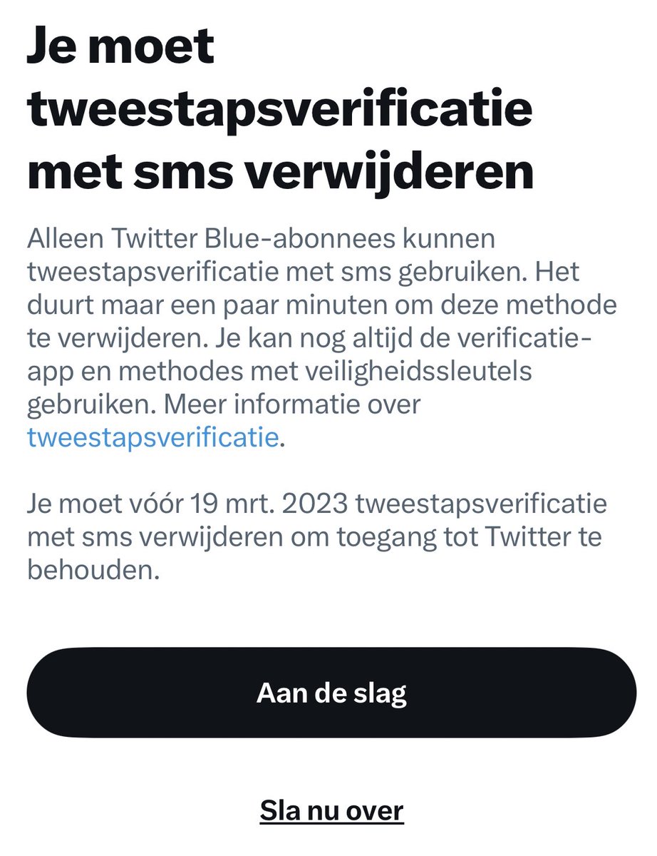 If you get the ‘pay up or remove sms 2fa’ pop-up from Twitter, please remember that Twitter first disables the old method before it helps you set up an alternative. If you don’t complete the process you’ll end up losing 2fa protection. (Would be better if the order was reversed)