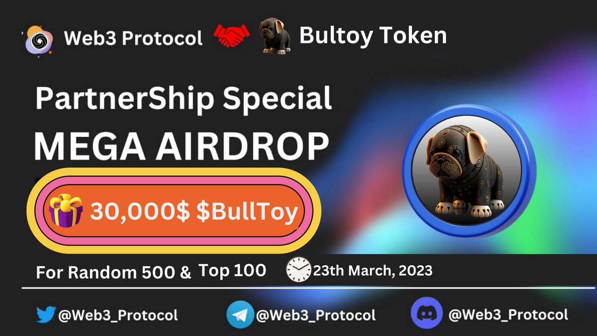 🎉Web3 Protocol X Bultoy Big Giveaway

 🏆Prize Pool:- 30,000 $BULTOY Token

To Enter:- 
✔️Follow <a href="/Web3_Protocol/">Web3 Protocol</a> &amp; @Bultoytoken
✔️Like and RT 3 friends
✔️ Fill form :- giv.gg/bultoken

#Airdrop #Giveaway #Giveaways #Airdrops #bultoytoken