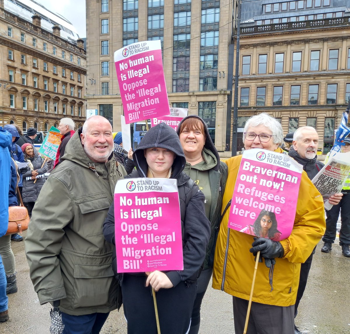 justcarol12's tweet photo. Proud to be at the #ResistRacism march with @JandPScotland today. Say it loud and say it clear, refugees are welcome here. Great to meet up with @Johndon26 &amp; family &amp; some Newcastle United supporters also super proud of @StAlbertsG41 #RefugeesWelcome #ShutDungavel https://t.co/ebdokQ40Gt