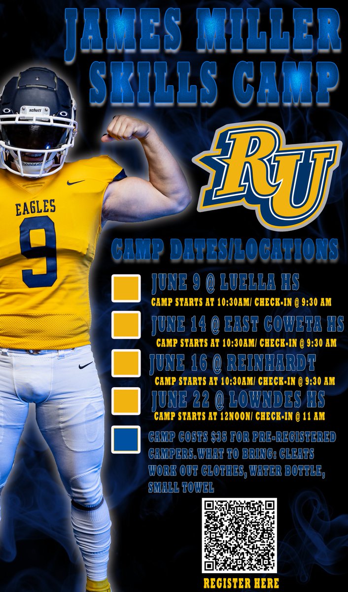 James Miller Skills Camp for Skills Development dates and locations are officially set. Scan the QR code on the picture to register. Payment due at registration. Pre-registration is $35 until a week before the each camp, $45 afterwards!
#ReinhardtFootball #PaythePrice #PTP