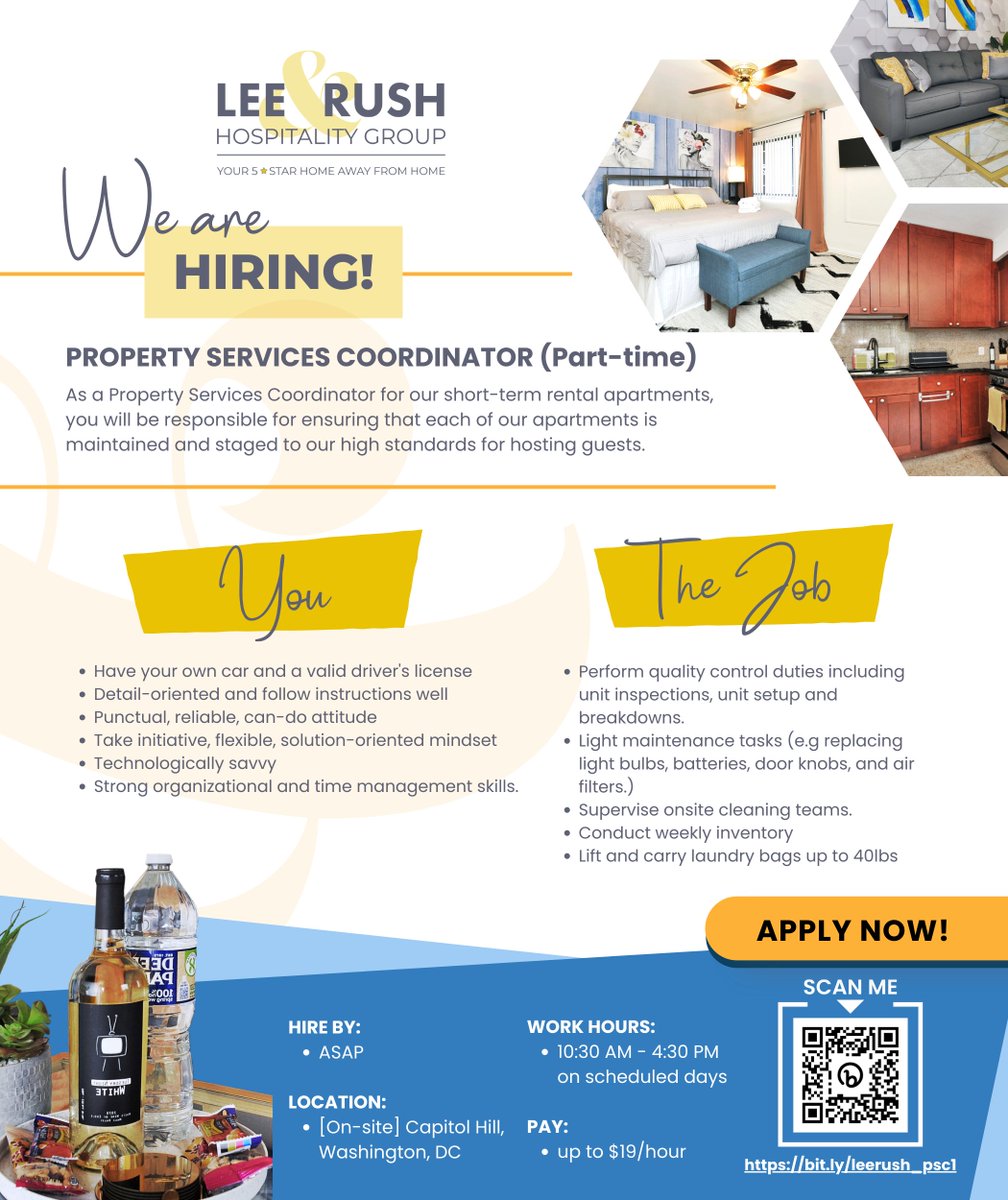 StayLeeRush's tweet photo. We're hiring ASAP for a part-time gig in DC! Looking for a Property Services Coordinator to handle quality control for our #AirBnBs. Apply at https://t.co/bW7XkvR9Xn if you’re available during the daytime, good with details &amp; instructions, and have a “can-do” attitude. https://t.co/8ilkA3qsCM