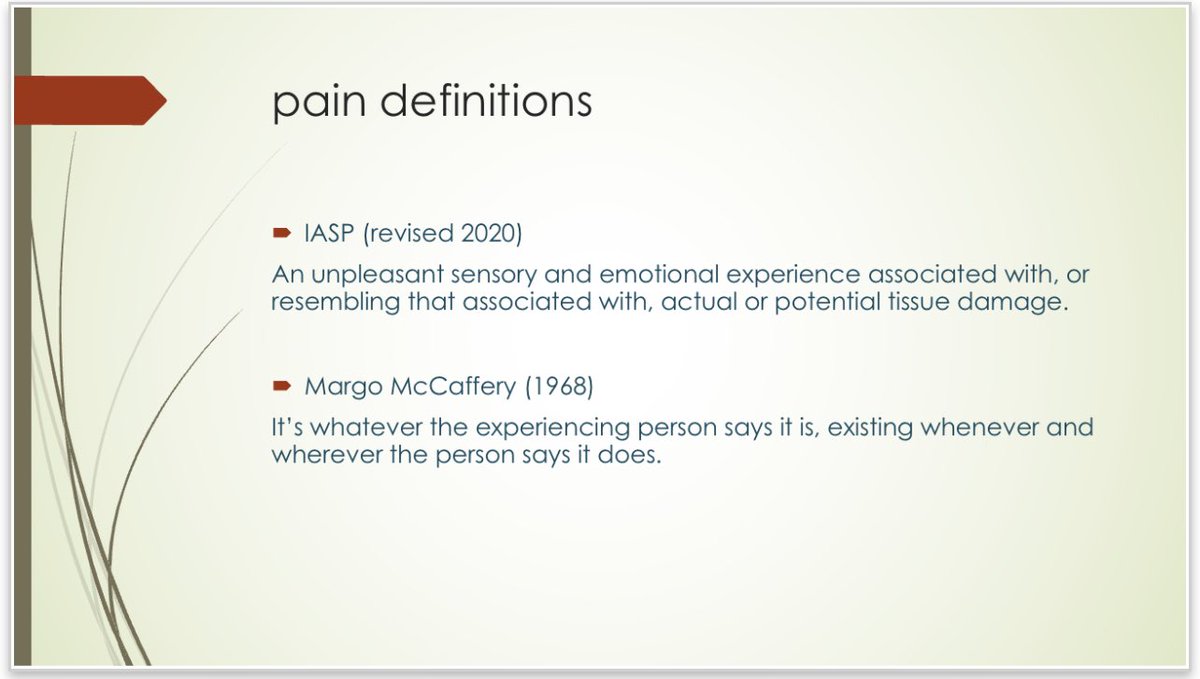 Couple of pain definitions. 

The second has been with me since my nurse training 30 years ago. 

Resonated then. Resonates now. 

Person-first. 

#thepaincoach #pain #chronicpain