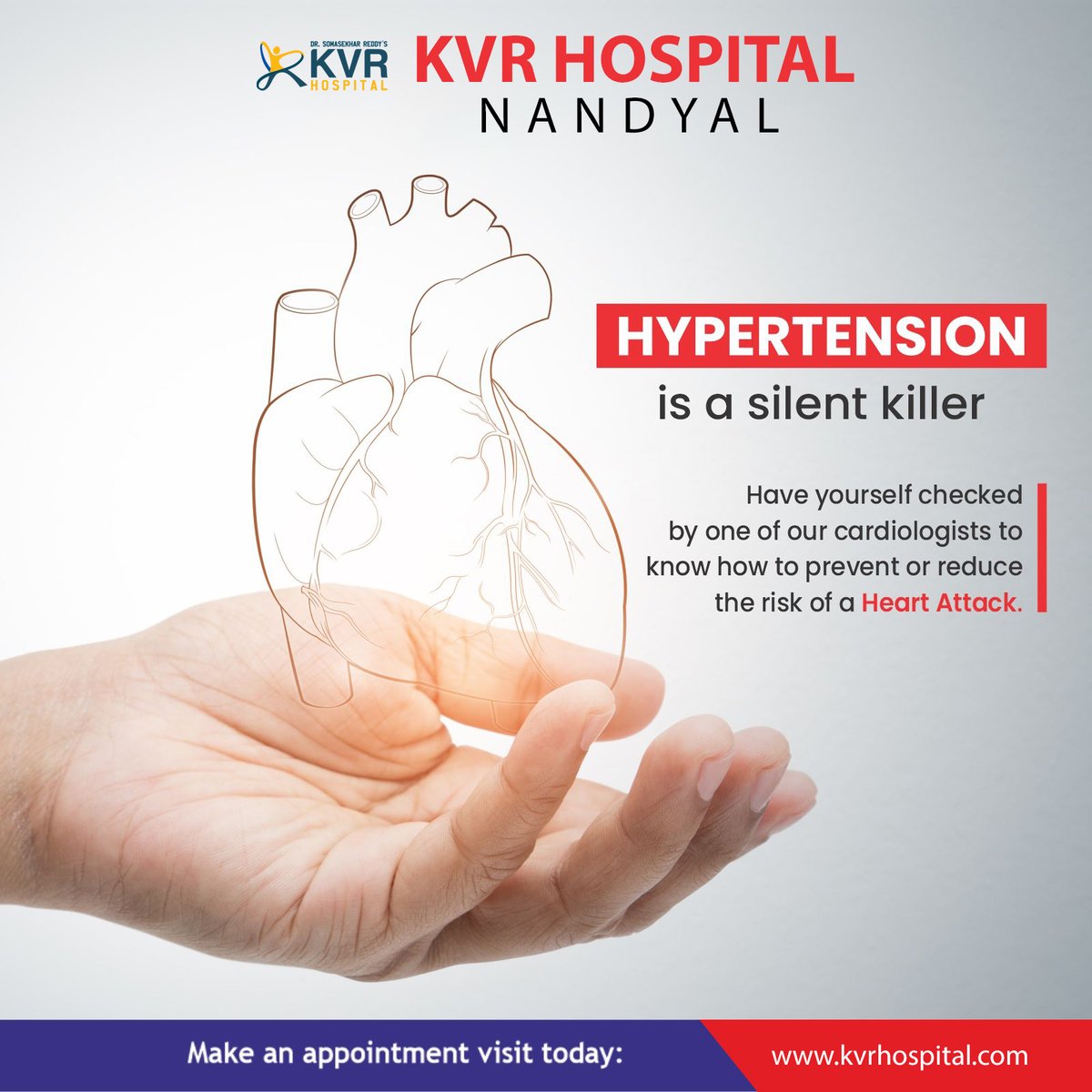 kvrhospitalndl's tweet photo. KVR HOSPITAL... NANDYAL
HYPERTENSION....
Hypertension is a silent killer.
Hve yourself checked by one of our cardiologists to know how to prevent or reduce the risk of a HEART ATTACK.
#kvrhospital #nandyal #heartattack #hypertension #silent #killer https://t.co/JRfbdFzX6Z