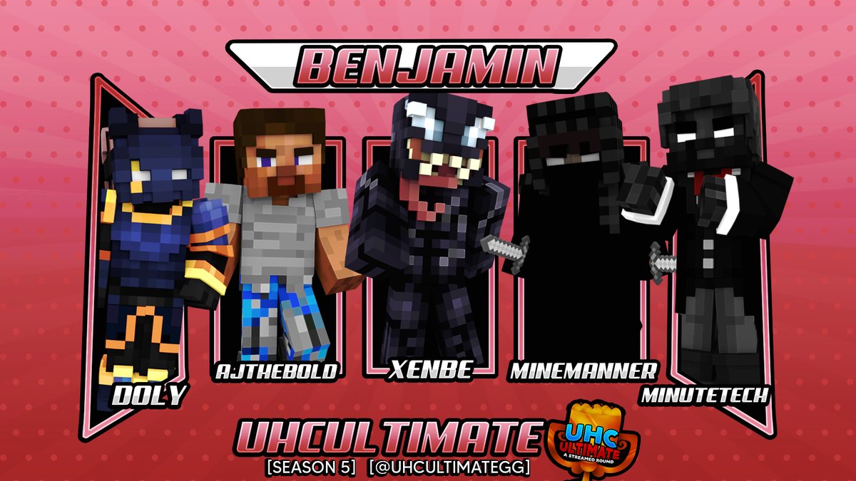 UHCUltimateGG's tweet photo. Introducing our next team for this season of UHC Ultimate! Team Benjamin! 

@DolyThePig 
@minemannr 
@Xenbetw 
@ajthebold1234 
@MinuteTech_ 

Be sure to check out their perspectives on March 19, Sunday @ 5 PM EST! https://t.co/Jkp3edAaq4
