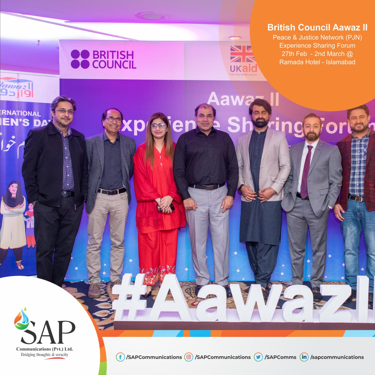 An event managed by our team by the title of ‘British Council Aawaz II’ for Peace & Justice Network (PJN) - Experience Sharing Forum, on 27th Feb - 2nd March @ Ramada Hotel – Islamabad.

#BritishCouncil #AawazII #PJN  #RamadaHotel
#Isb #IslamabadEvents #SAP