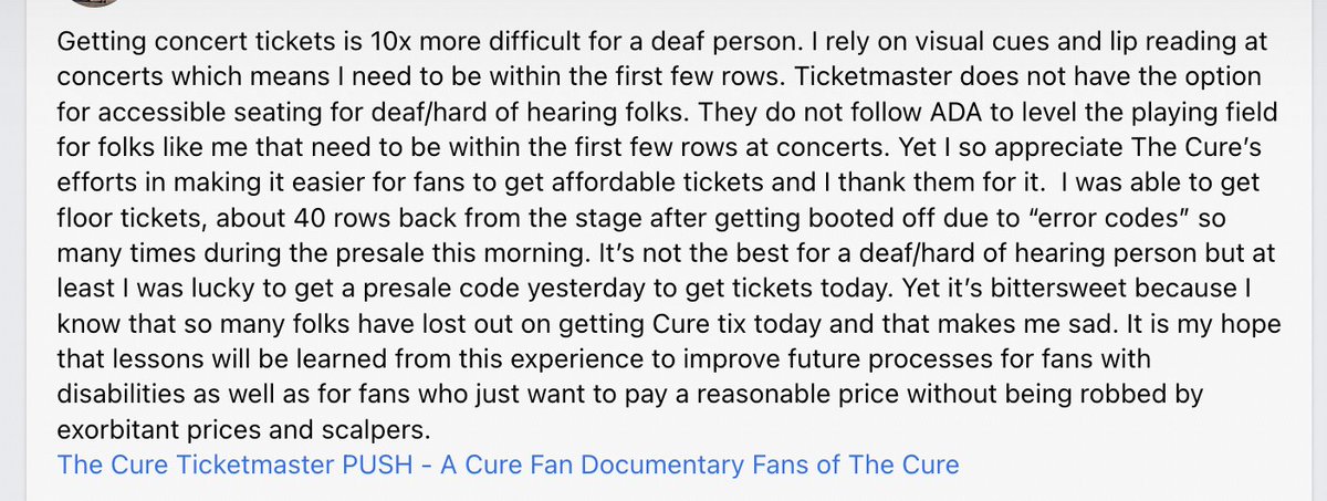 1/3: Sharing to raise awareness for our disabled pals in The Cure community and beyond. Please take a moment to read. Can we get @Ticketmaster to address this? @TheCureForever_ @curefans @CureCommunity #Disabilityaccess #ticketmaster @EW @POTUS @CraigatCoF @CurenewsA #thecure