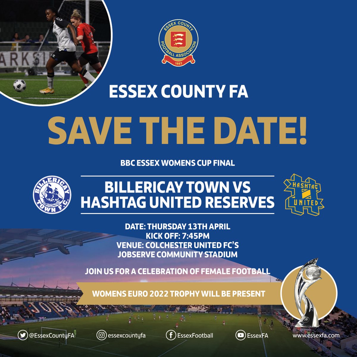 𝗕𝗕𝗖 𝗘𝘀𝘀𝗲𝘅 𝗪𝗼𝗺𝗲𝗻'𝘀 𝗖𝘂𝗽 𝗙𝗶𝗻𝗮𝗹 🏆 

Tickets for the game between <a href="/BTFCWomen/">Billericay Town FC Women</a> and <a href="/hashtagutdwomen/">Hashtag United FC Women</a> Reserves are now available! 

Join us for a Celebration of Female Football, with a chance to see the Women's EURO Trophy! 

🔗 bit.ly/4209fV4