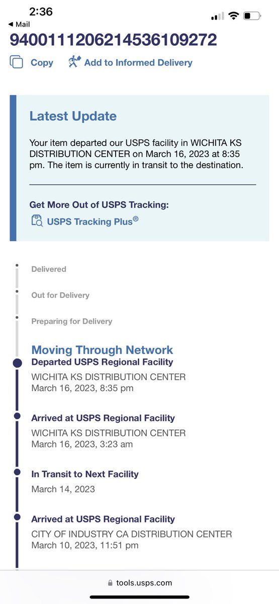 J_C_King's tweet photo. @USPS I watched my package literally sit in Southern California 15 minutes from my home for four days and now it’s in Witchita???  In what universe does that make sense??? #crazy https://t.co/w0iBkusTme