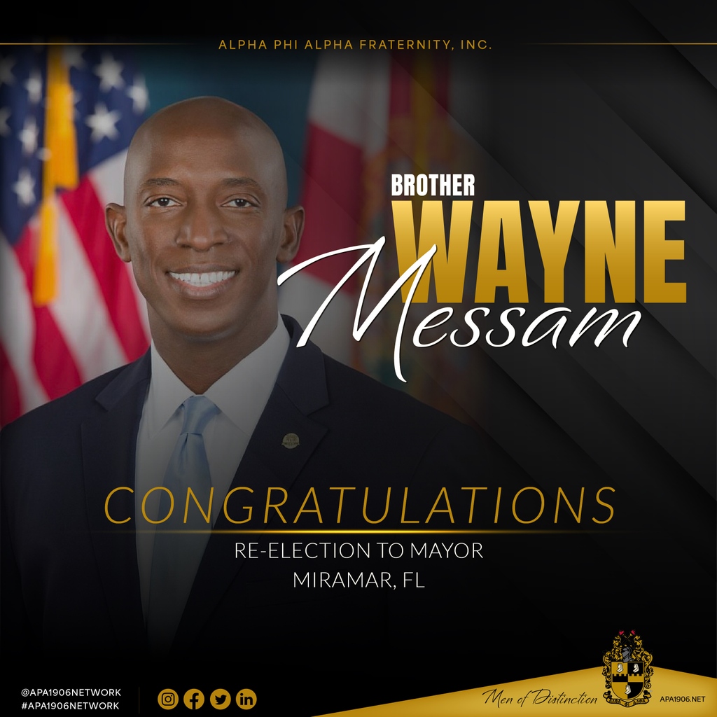 Alpha Phi Alpha Fraternity, Inc. Brother Wayne Messam was recently re-elected as the mayor of Miramar, FL by garnering over 90% of the votes in the campaign.

Please share. 

#APA1906Network #MenOfDistinction #AlphasInLeadership