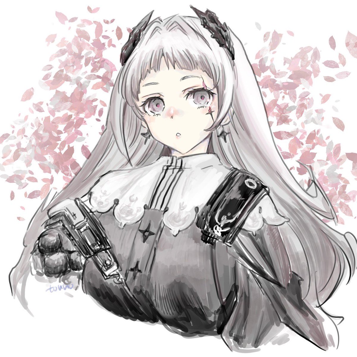 irene (arknights) 1girl solo upper body long hair grey eyes grey hair earrings  illustration images