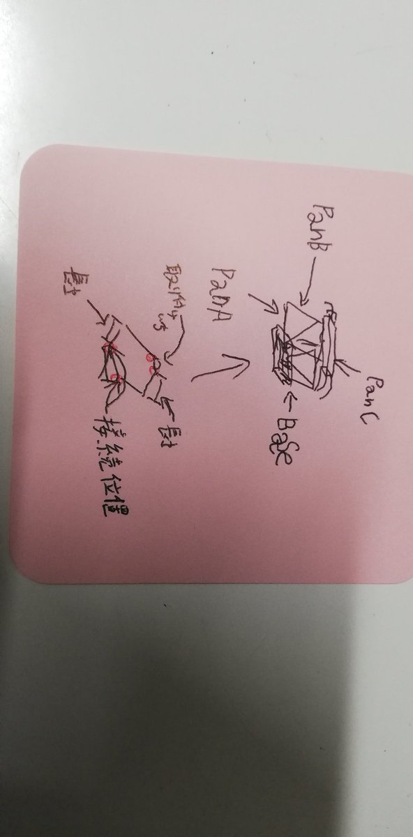 こういう。
パンCとベースはオブジェクト3D、アームはトライアングルZY?で接続させる。
それでパンCとベースは固定されている所でトライアングルZYがその2つのつなぎになりパンCを動かしたら2つのトライアングルZYが追従してくれる形。おかげでKビルド限定の架線追従も楽にできる。 