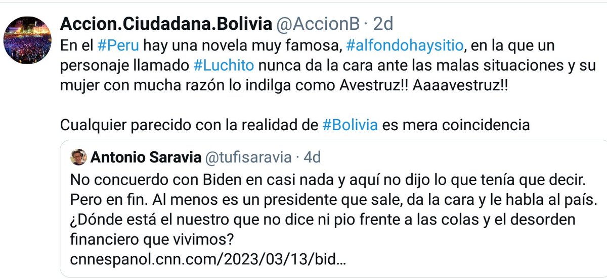 AccionB's tweet photo. El presidente de #Bolivia nos ha bloqueado. ¿Cuál de nuestros tweets de los últimos días le habrá hecho renegar tanto? Lo curioso es que ninguno es en respuesta a sus tweets y solo uno es en respuesta a su alumno ministro de planificación. En fin, esperemos que nos siga leyendo. https://t.co/XmDC4XhZsN