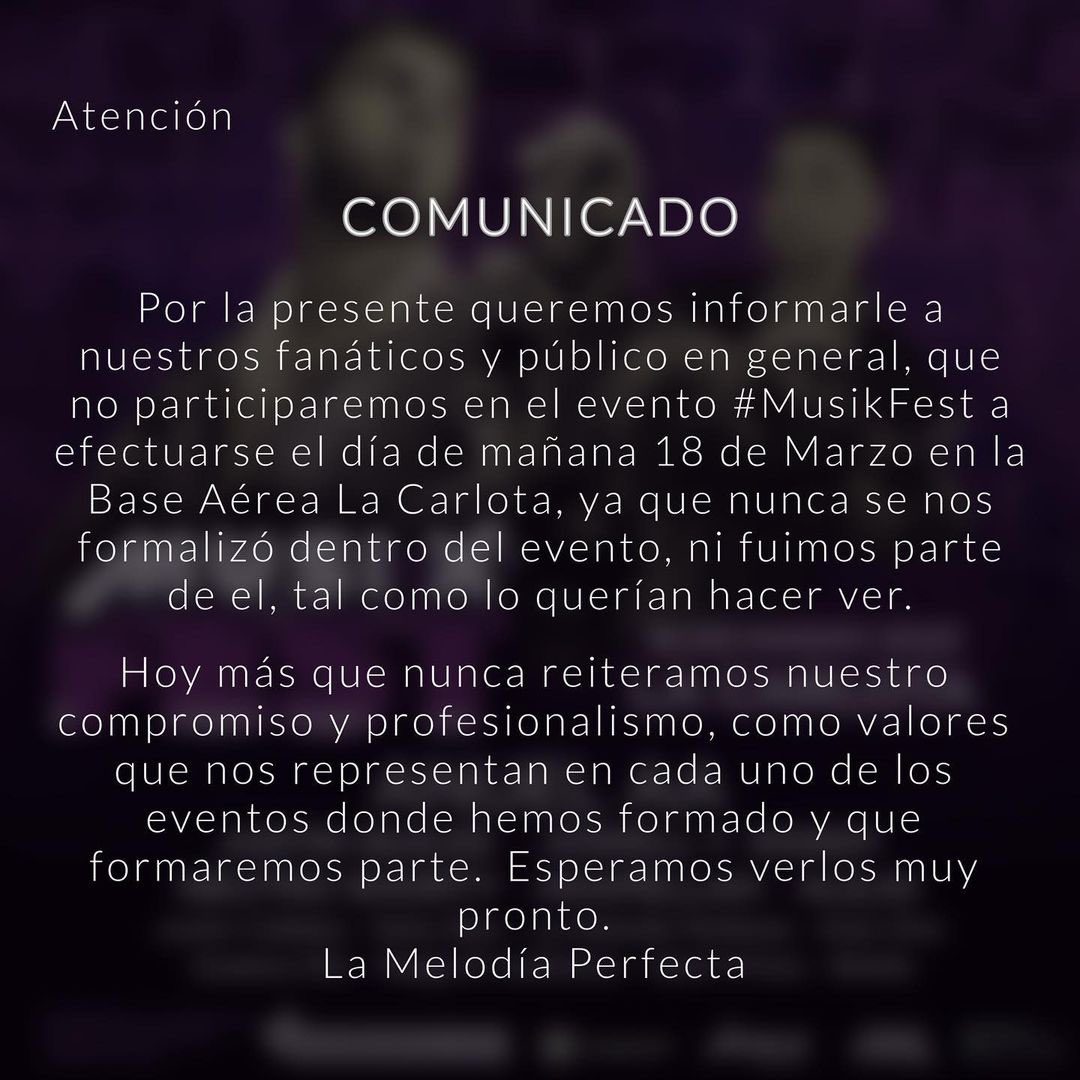 ReporteYa's tweet photo. #18Mar #Caracas #MusikFest
Los cantantes @prjowellyrandy, @MelodiaPerfect, Reggi el auténtico y @aranone publicaron en sus cuentas de Instagram que no asistirán al evento del Musi-k Fest a realizarse este sábado en la Base Aérea La Carlota https://t.co/Hg47oGPwSA