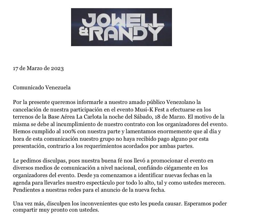 ReporteYa's tweet photo. #18Mar #Caracas #MusikFest
Los cantantes @prjowellyrandy, @MelodiaPerfect, Reggi el auténtico y @aranone publicaron en sus cuentas de Instagram que no asistirán al evento del Musi-k Fest a realizarse este sábado en la Base Aérea La Carlota https://t.co/Hg47oGPwSA