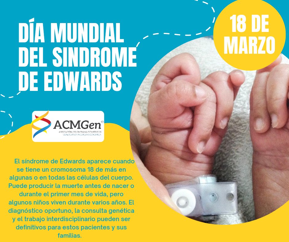 acmgencol's tweet photo. Hoy 18 de marzo la ACMGen se une a la conmemoración del día mundial del sindrome de Edwards.
#ACMGen #sindromedeedwards
#geneticamedica https://t.co/PsFXwFxom9