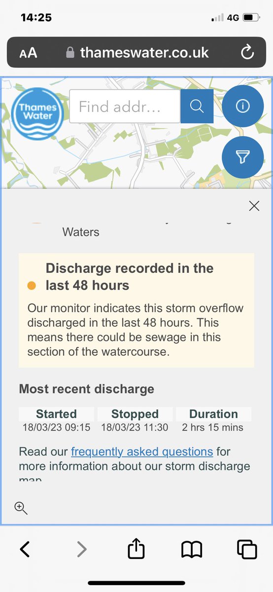 Hey <a href="/thameswater/">Thames Water 💧</a>  your new edm map is a good move forwards - but only if it tells the truth…. The map says Littlemead CSO stopped discharging sewage at 11-30am today but it is now nearly 14-30 and it is still spewing it’s vile contents into the adjacent brook.