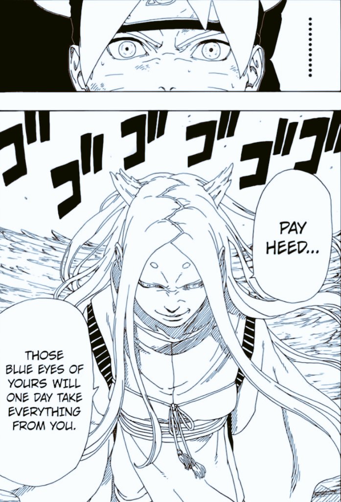 WarriorJoyBoy's tweet photo. Momoshiki was referring to Boruto's blue eyes only not Eida's blue eyes #borutochapter79 #BORUTO https://t.co/puF5qGkZ5n