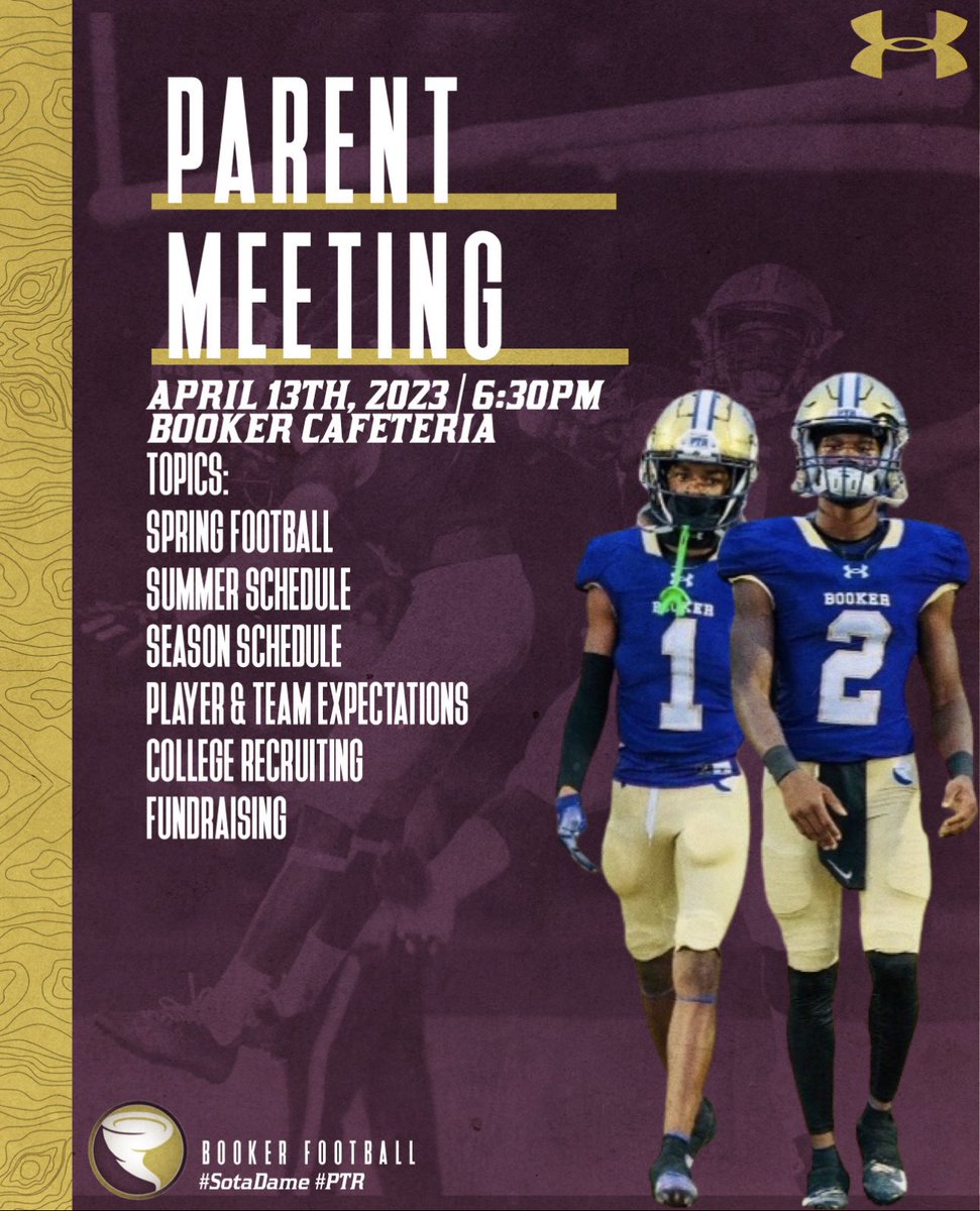 TornadoFB941's tweet photo. 🚨 Mark your calendars our 2023 Booker Football Parent Meeting will take place April 13th! We will discuss Spring Football, and everything about the 2023 Season! We look forward to seeing all current players and rising 9th grades! #PTR #SotaDame #BookerNation #OrangeAve https://t.co/lZwwkFpr89