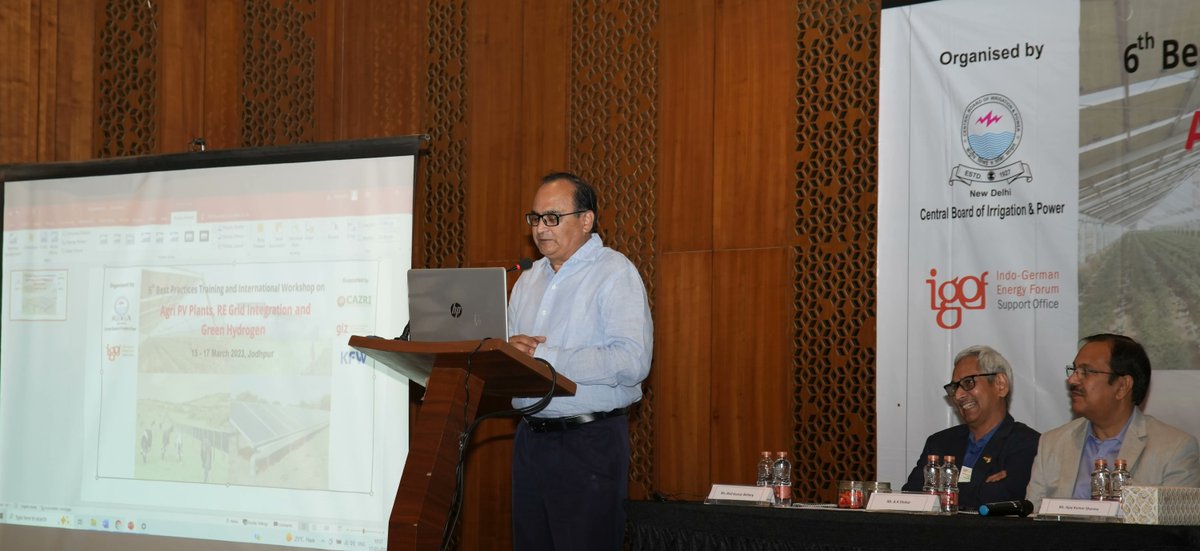 IGEFSO's tweet photo. "An increased tariff export price to the grid is a key factor for #AgriPV development in India. Tracker usage and decreased concrete usage are few other aspects to be noted while AgriPV installation in #India", said Dr. Prof. Ajay Kumar Sharma, Vice-chancellor, @CollegeMbm. https://t.co/rb7QyO0s9e