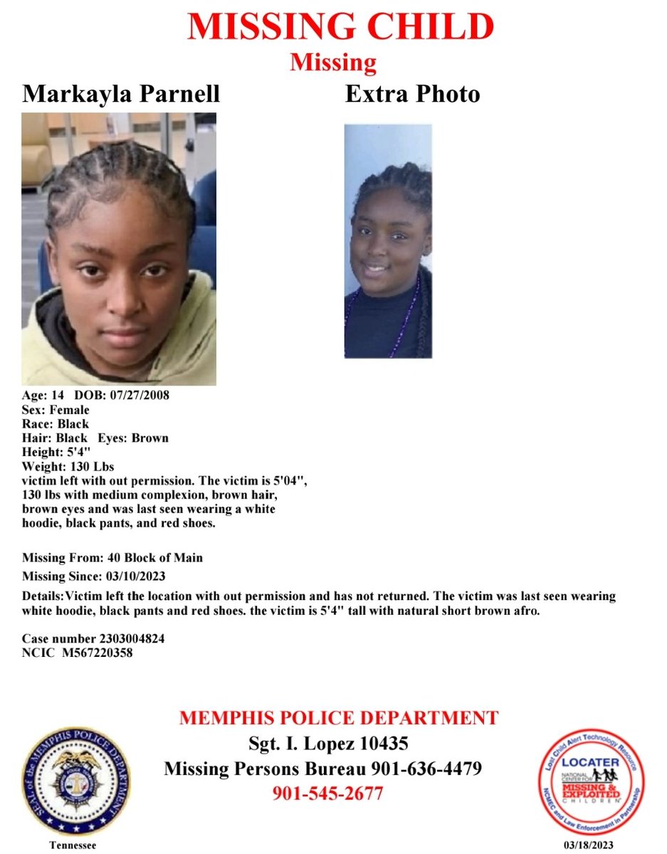 MEM_PoliceDept's tweet photo. Have you seen Markayla Parnell?

Markayla left home without permission and has not returned. 

Report #2303004824ME https://t.co/8o40pXhYHP