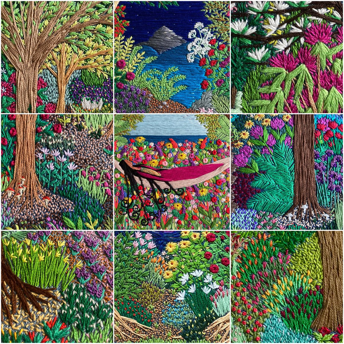 Don’t mind me, just daydreaming of spring… 🌱 Today I’ve made you a  collage of snippets taken from my embroideries. Hope it’s a pop of colour for your day… 🤗🧵🌿🌺 #stitchedart #thesewingsongbird