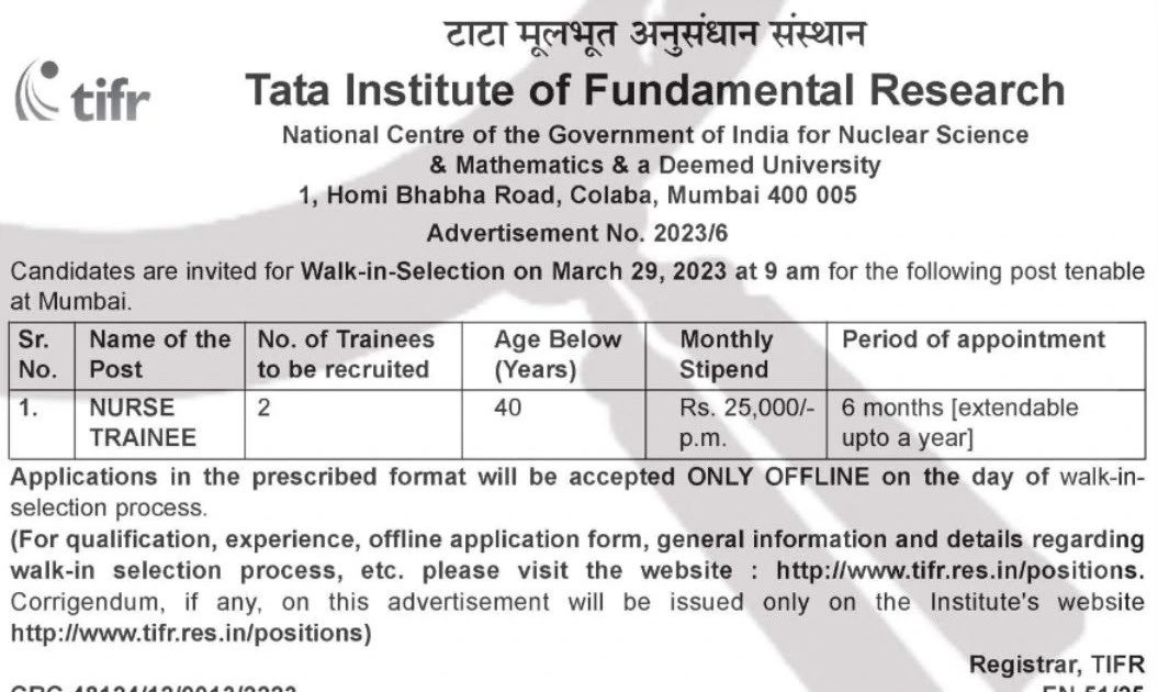 indiangovtjobs's tweet image. TIFR Recruitment 2023 Walk in Selection of 02 Nurse Trainee Vacancies dlvr.it/Sl5h2D #TIFR #Nurse_Jobs #Mumbai_Jobs