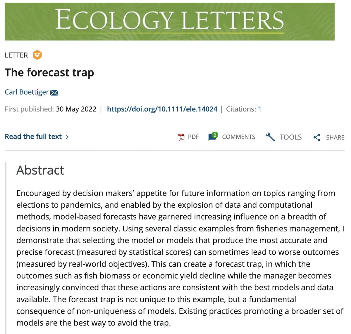 Great paper by @cboettig in <a href="/Ecology_Letters/">Ecology Letters</a> I demonstrating that selecting the models "that produce the most accurate &amp; precise forecast (measured by statistical scores) can (...) lead to worse outcomes (measured by real-world objectives)."

doi.org/10.1111/ele.14…

🗞️#269-2022