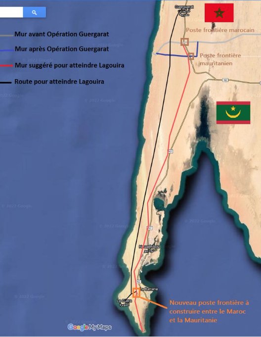 ⚠️⚠️MUY GRAVE⚠️⚠️
MAR🇲🇦, plantea ahora una carretera que une el paso ilegal de Guerguerat con la ciudad historica Saharaui🇪🇭 de Laguera.

Con la intención de amplicar la Ocupación y abrir otro paso fronterizo ilegal entre esta ciudad, y Nouadhibou, Mauritania🇲🇷.
Fuente:FARMaroc.
