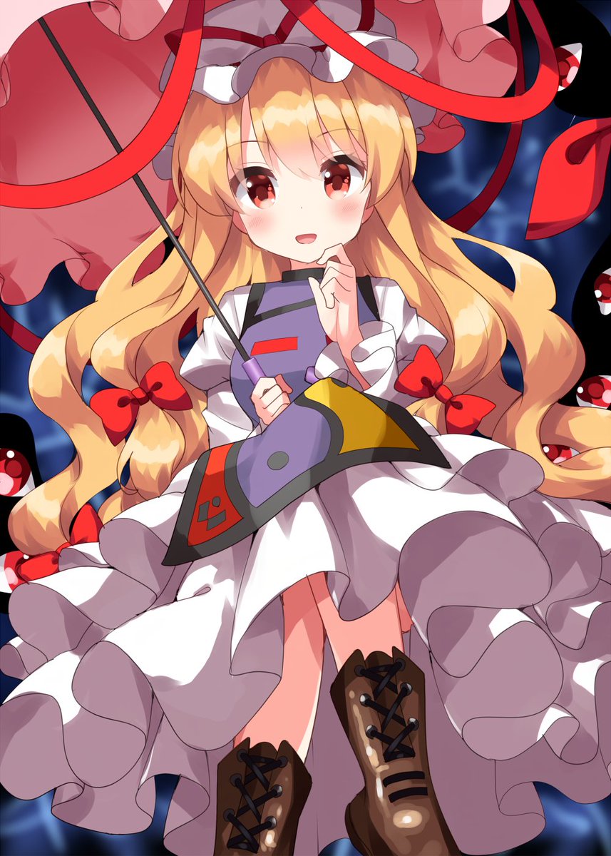yakumo yukari 1girl solo hat umbrella blonde hair dress long hair  illustration images