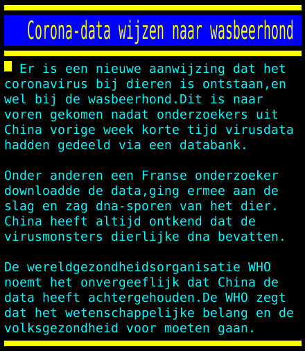 Teletekst's tweet photo. Corona-data wijzen naar wasbeerhond https://t.co/gcrEN8QC91