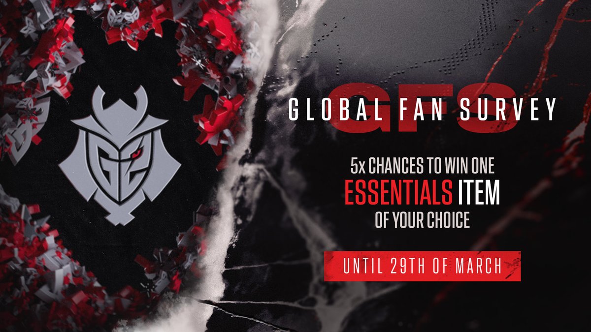 WE WANT TO HEAR FROM YOU #G2ARMY ❤

Fill out our Fan Survey for a chance to WIN an essentials item of your choice 👀

go.g2esports.com/MSUR23