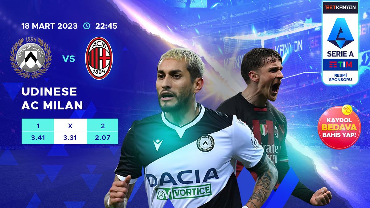 #BetKanyon & #SerieA sponsorluğunda bu akşam #Udinese 🆚 #ACMilan karşı karşıya geliyor.🇮🇹 En yüksek oranlarla bahis yapmak için hemen giriş yap, Spor Turnuvası fırsatlarını kaçırma!🥳 bit.ly/BKTwitterGiris #futbol #bahis #çevrimsizbonus #betkanyon