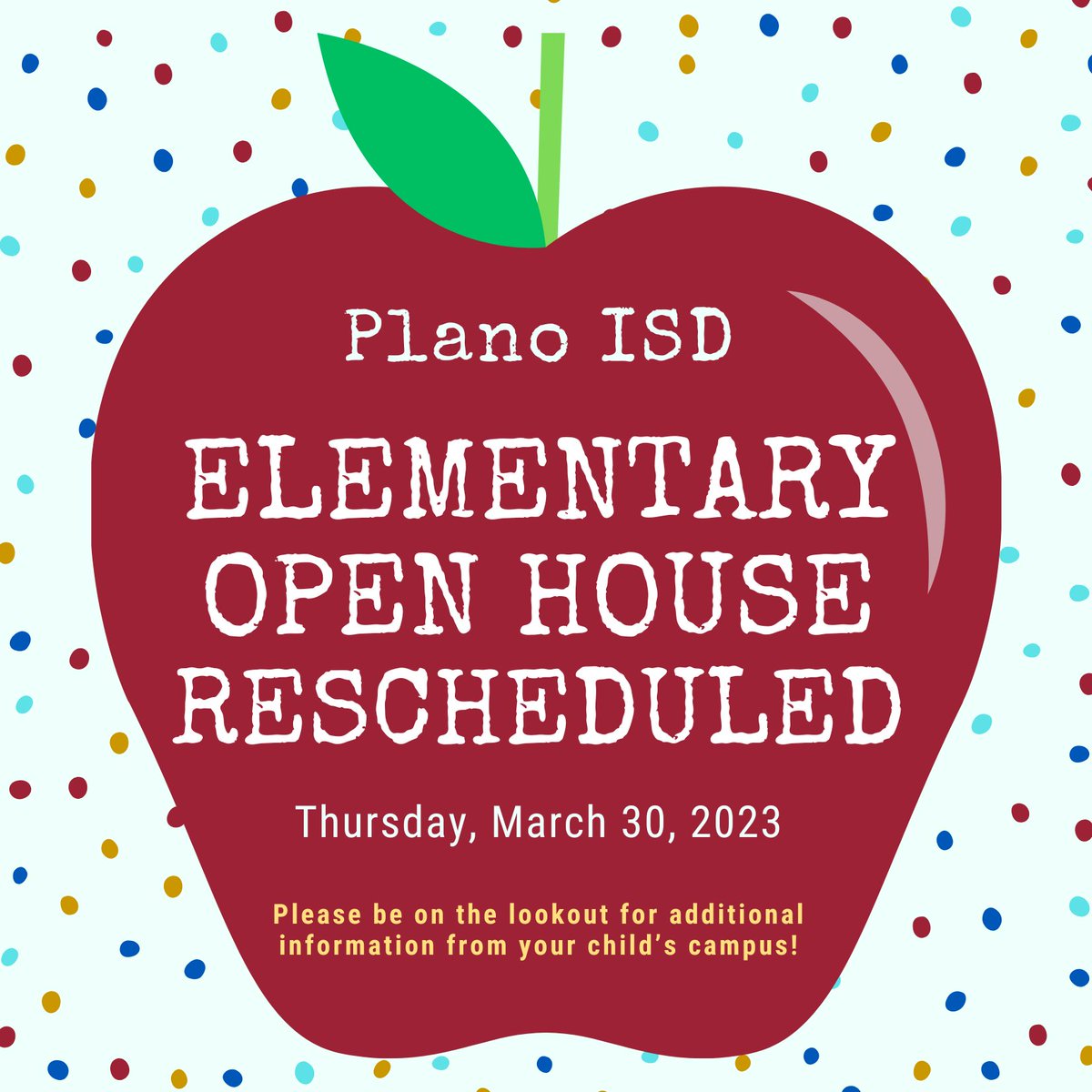 Plano_Schools's tweet photo. Open House for elementary schools is now Thursday, March 30. Please be on the lookout for information from your child’s campus regarding the individual times of the event, along with other highlights and activities that will take place that evening at your child’s school! https://t.co/95uhvvZyri