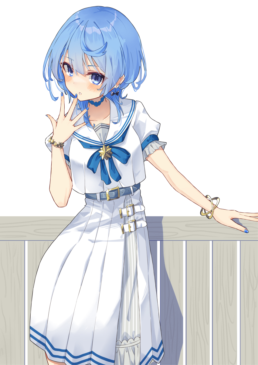 hoshimachi suisei 1girl solo blue eyes blue hair blue nails jewelry skirt  illustration images