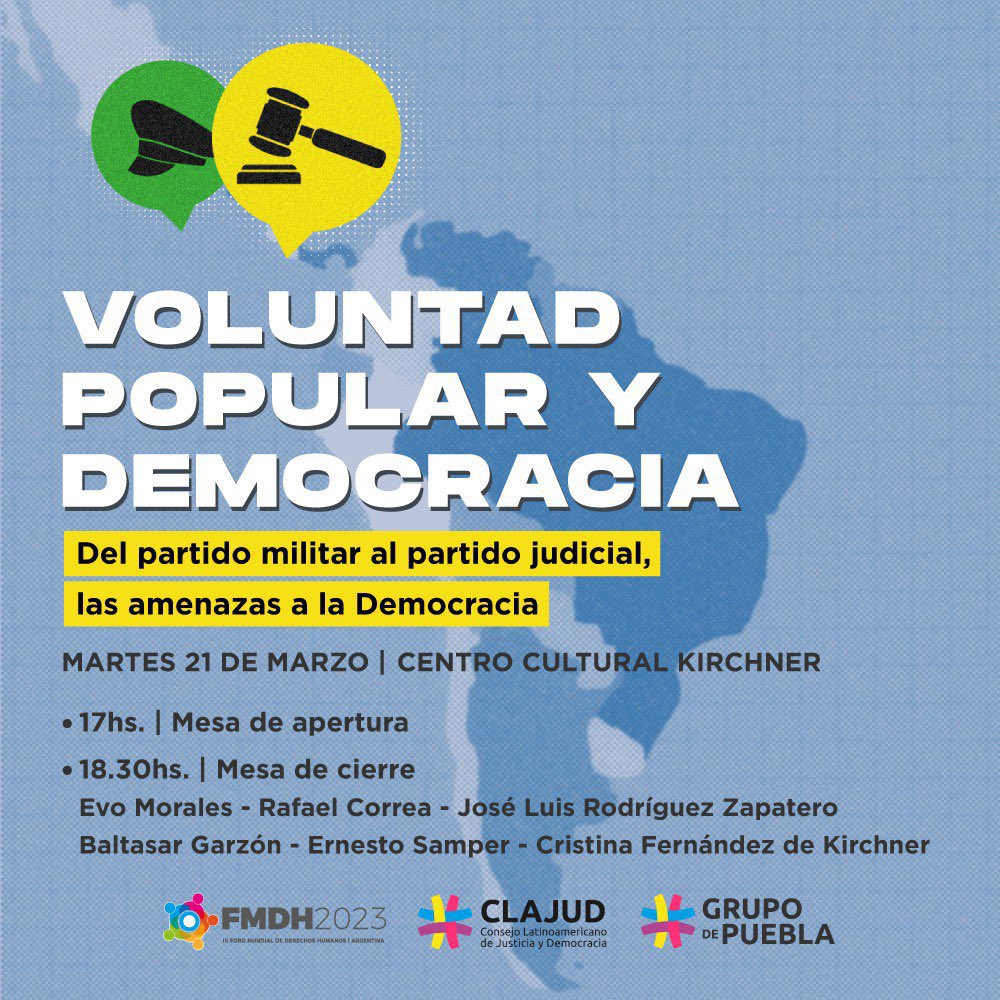 CFKArgentina's tweet photo. El martes 21 en el @elCCKirchner vamos a participar, junto a queridos compañeros y compañeras de América Latina y Europa, del encuentro “Voluntad popular y Democracia. Del partido militar al partido judicial, las amenazas a la Democracia” organizado por el Grupo de Puebla. https://t.co/PplYd8QAdQ