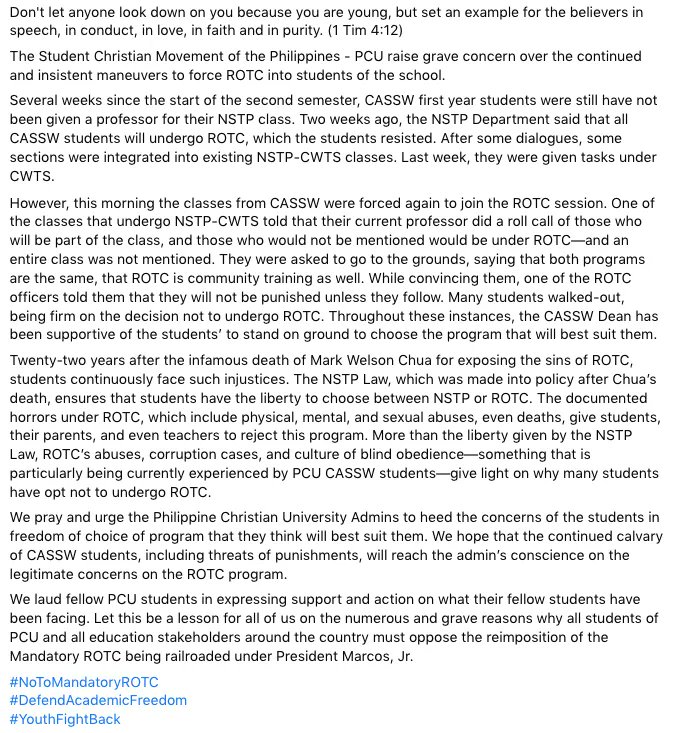 NO TO THE REIMPOSITION OF MANDATORY ROTC IN PCU!

Statement on the recent incidents of forcing ROTC to PCU students.

Read full statement here: m.facebook.com/story.php?stor…

#NoToMandatoryROTC
#DefendAcademicFreedom
#YouthFightBack