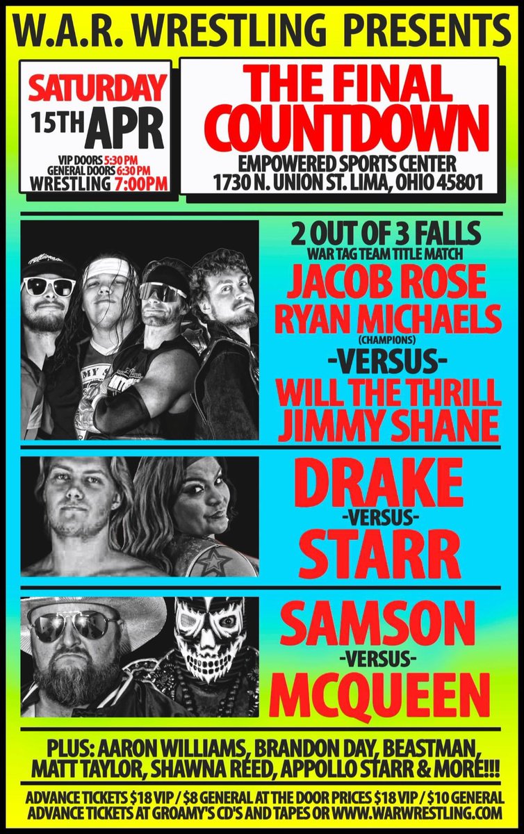W.A.R. Wrestling (@thewarwrestling) on Twitter photo Saturday April 15th in Lima, OHIO <a href="/RealJacobRose/">Jacob Rose</a> <a href="/jocksamson/">Jock Samson 🐐 #740</a> <a href="/MojoMcQueen/">Mojo The Voodoo King</a> <a href="/JimmyShane/">"No Shame" Jimmy Shane</a> <a href="/ShawnaReed93/">Shawna Reed</a> <a href="/PalomaStarr/">Paloma</a> <a href="/vetjackvaughn/">“The Veteran” Jack Vaughn</a> <a href="/Harley_Fairfax/">Harley Fairfax</a> @flawlessday83 <a href="/beastmanhusk/">Beast Man ビーストマン</a> <a href="/Jeffrey25770213/">Kronos</a> Saturday April 15th in Lima, OHIO <a href="/RealJacobRose/">Jacob Rose</a> <a href="/jocksamson/">Jock Samson 🐐 #740</a> <a href="/MojoMcQueen/">Mojo The Voodoo King</a> <a href="/JimmyShane/">"No Shame" Jimmy Shane</a> <a href="/ShawnaReed93/">Shawna Reed</a> <a href="/PalomaStarr/">Paloma</a> <a href="/vetjackvaughn/">“The Veteran” Jack Vaughn</a> <a href="/Harley_Fairfax/">Harley Fairfax</a> @flawlessday83 <a href="/beastmanhusk/">Beast Man ビーストマン</a> <a href="/Jeffrey25770213/">Kronos</a>