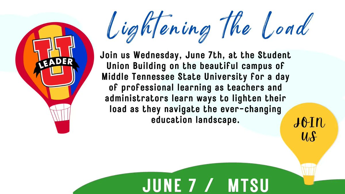 LeaderUtn's tweet photo. Leader U Registration - Join us on June 7th at @MTSU as we help educators learn ways to lighten their loads. Speaker and Session info available in link. 3 https://t.co/qEPEMbMHPa #LeaderUTN2023 #tneducators #teachers #principals #COE #TASL accredited https://t.co/uTZBrsjFmp