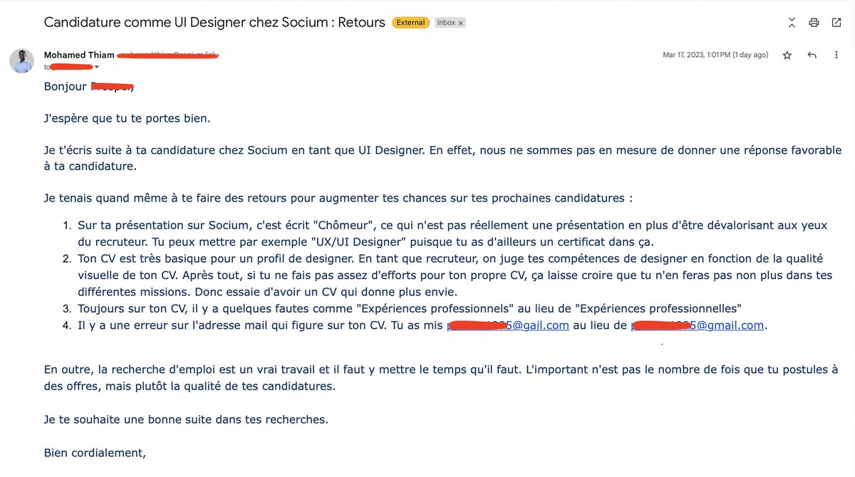 Un retour que j'ai fait à un jeune qui a postulé à une offre d'emploi chez nous comme UI Designer.
Je partage pour que d'autres puissent en profiter aussi.