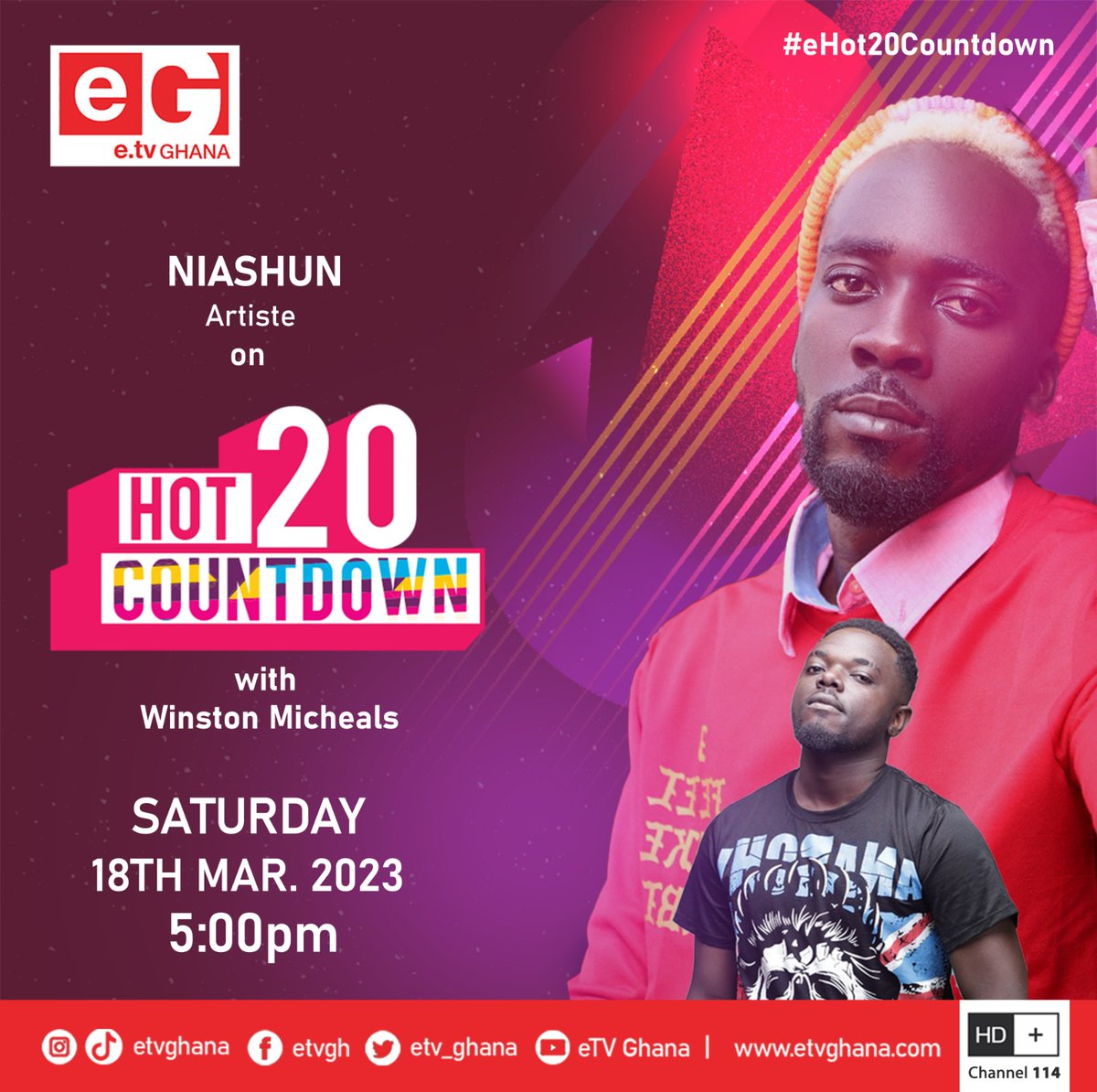 YSportsGh's tweet photo. You can't miss the vibe with @winstonmicheals, every Saturday evening on your favourite music countdown show.
We're on this evening with our guest, @1niashun.
#eHot20Countdown
#etvGhana https://t.co/wopqvNyY1I