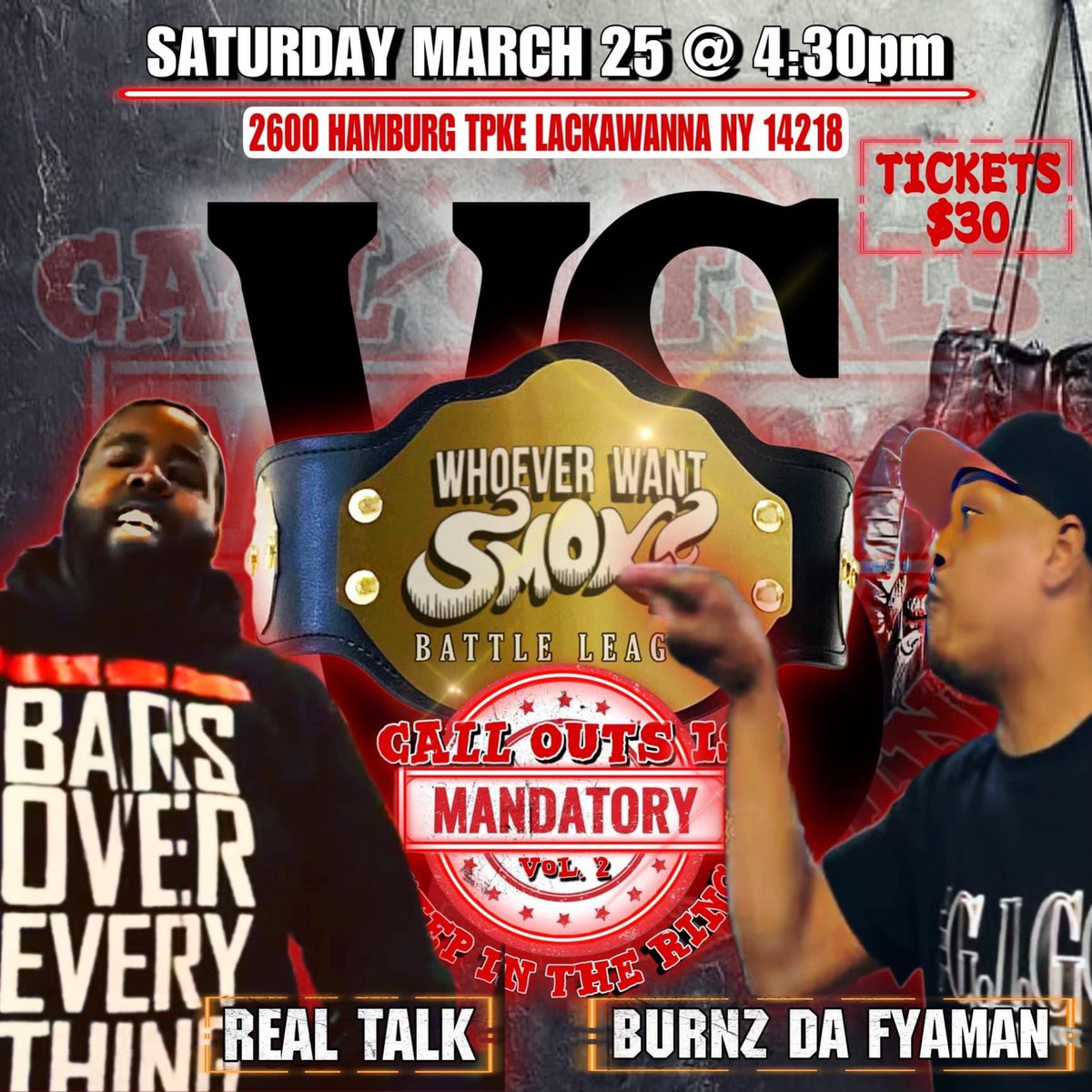 Real Talk vs Burnz Da Fyaman… Battle On March 25th In Buffalo NY 👆🏽😤👆🏽 #whoeverwantsmoke #calloutsismandatoryvol2 #tnbmg #BSF #musicknot #stepinthering #begreatclothing