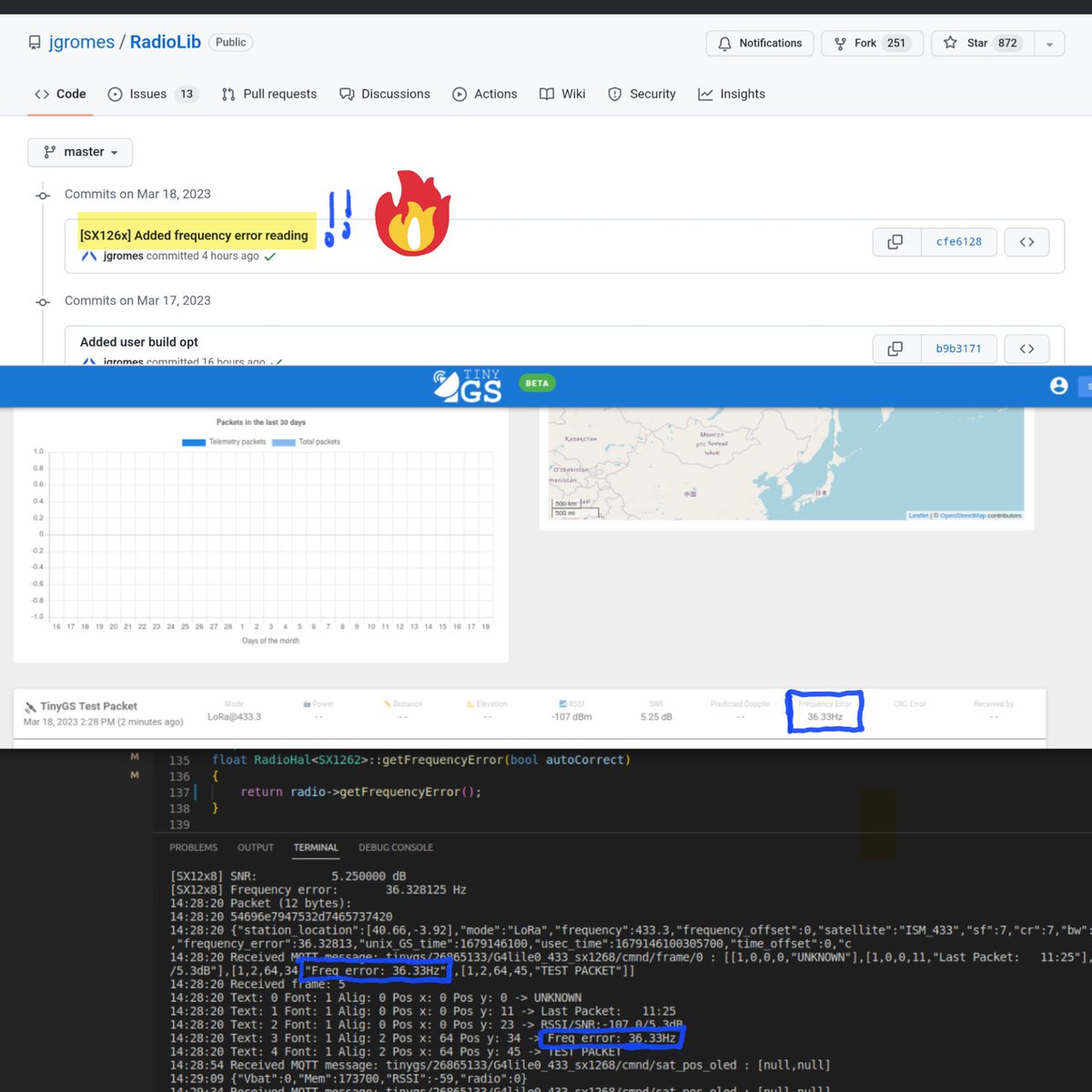 G4lile0's tweet image. [SX126x] Added frequency error reading

Thanks @JanGromes great #radiolib update. 👏👏👏
I just update #tinyGS beta to support it. 
Let&apos;s see how it perform. 📡🛰