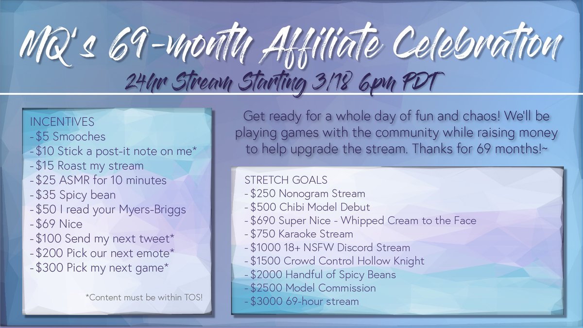 TheMegaQueen's tweet photo. My very first 24-hour stream begins in 9.5 hours! We'll start off with makeup and Words on Stream and then move right into the chaos🤪

As a reminder: any bits, subs, tips, and gifts count toward our goals ☺️ https://t.co/xmJjqJmtky