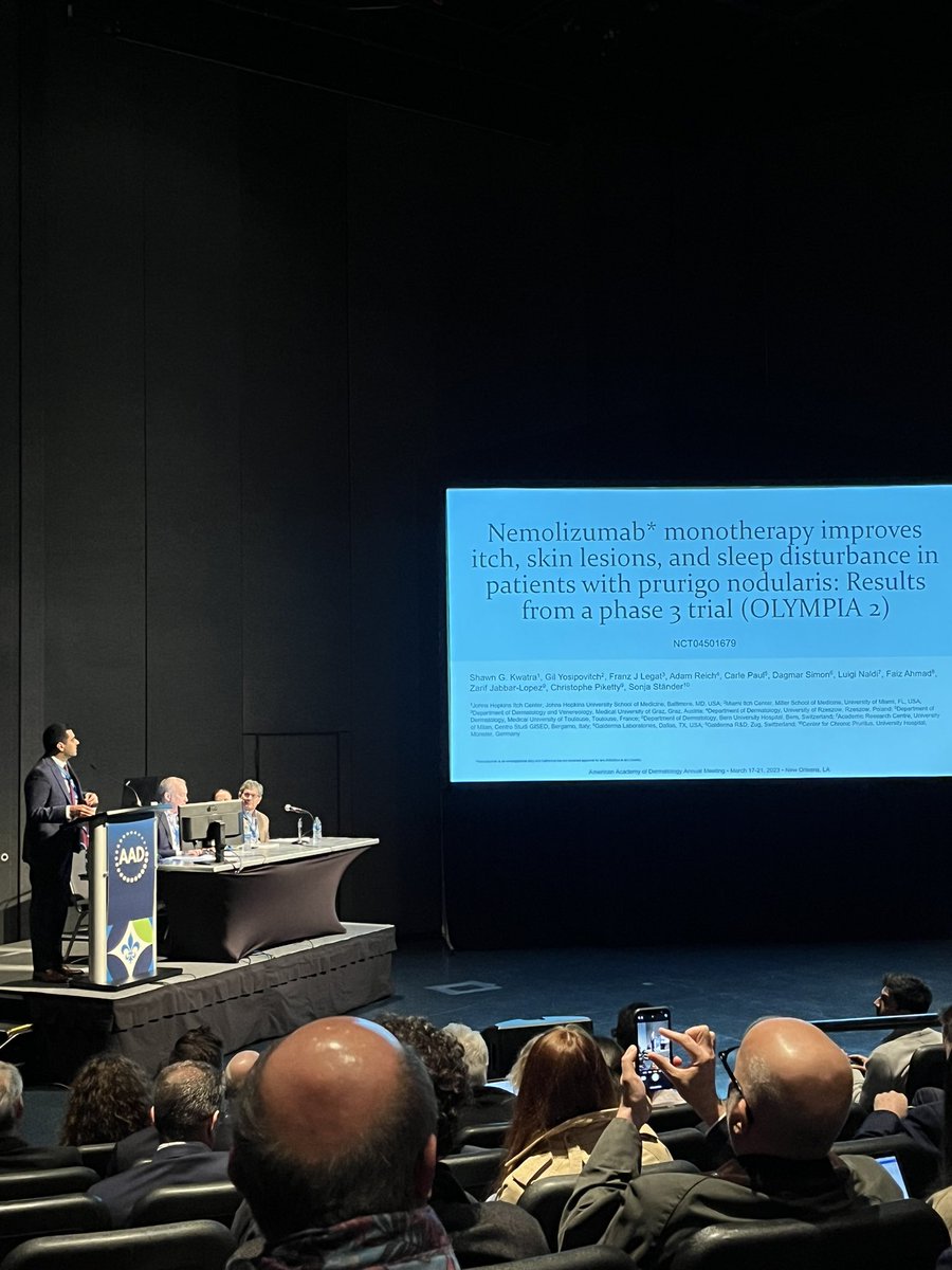drshawnkwatra's tweet photo. What a huge honor to present at the @AADskin Late Breaker Session to provide the first glimpse of data from the Olympia 2 phase 3 trial of nemolizumab monotherapy in Prurigo Nodularis! There’s a revolution going on in PN, #Prurigo in #Primetime! #AAD23LateBreaker #dermtwitter https://t.co/3SqNmxr7VI