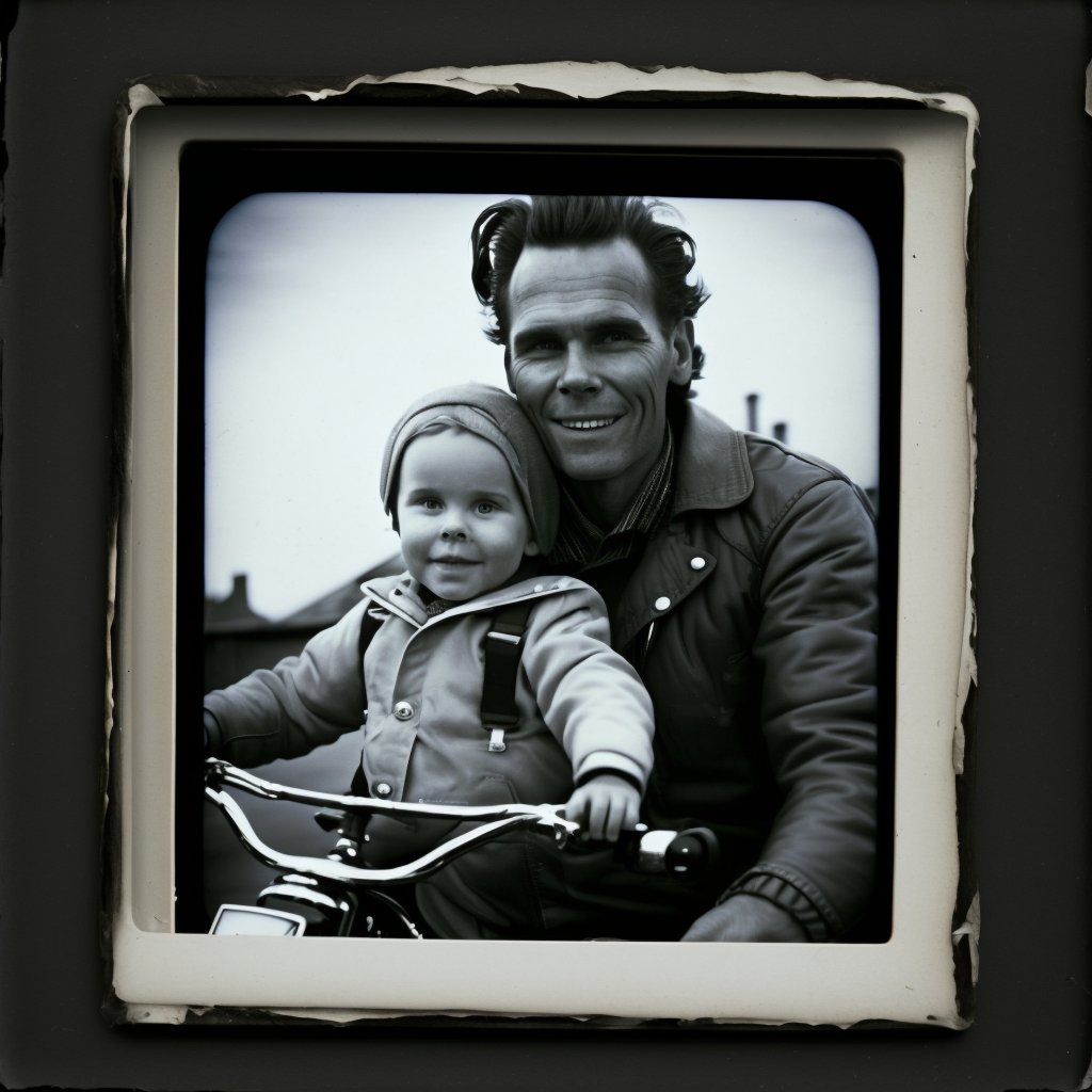 A perfect day

Charlie's first time on a bike with his father. On that day, you could feel a light breeze blowing through your hair, carrying the scent of freshly cut grass and wildflowers. Time flies, and photos stay. What a weird life.
#midjourney