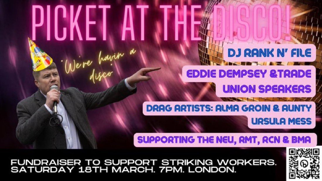 EnoughLondon's tweet photo. Final chance to grab a ticket to our solidarity strike fundraiser! 

Tonight, 7pm!

🪩 https://t.co/6rWye9HdLm 🪩 https://t.co/5EQmagIBoz