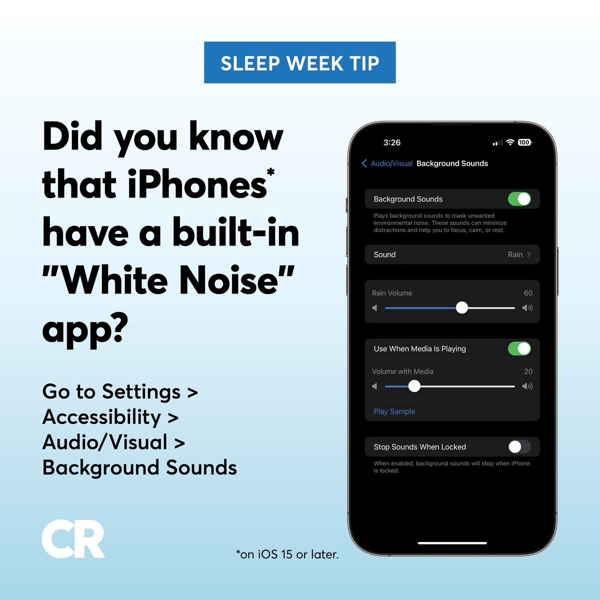 A white noise machine can help block out distractions and help you sleep. See other smartphone settings to help you sleep. #SleepAwarenessWeek consumerreports.org/electronics-co…
