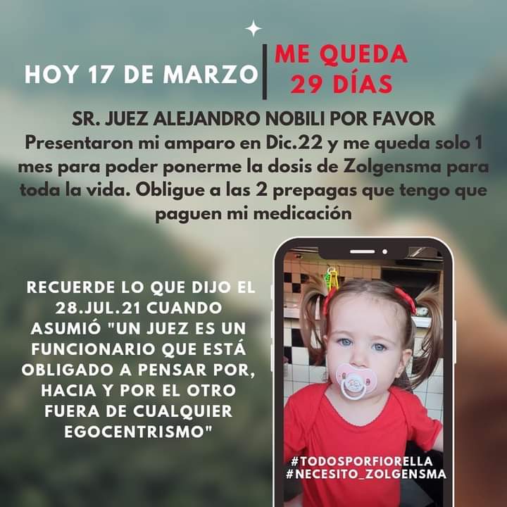 Su nombre es Fiorella y tiene AME, está luchando por tener la medicación que necesita (ZOLGENSMA), antes del 16 de Abril. Por favor 🙏🏼 difundir.
Instagram.com/todosporfiorel…